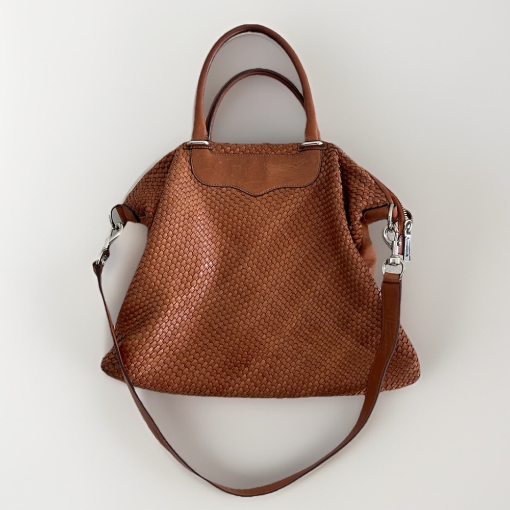 Rebecca Minkoff Bonnie Box Woven Almond Brown Leather Satchel Shoulder Bag